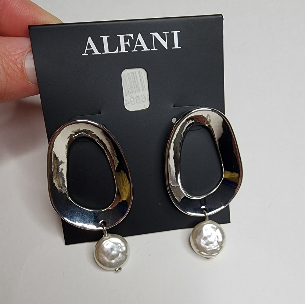 Alfani Silver Post Earings with Flat Pearl Like Drop NWT